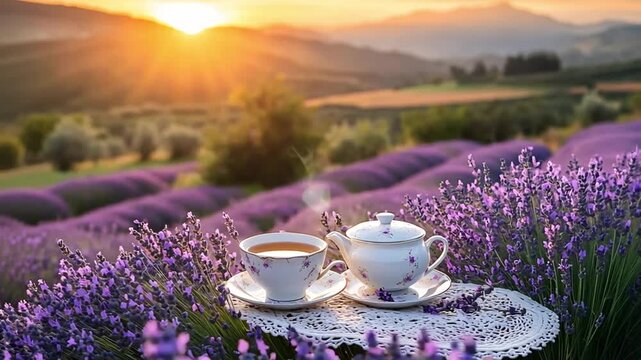 Steaming tea cup and teapot on lace doily in a lavender field at sunset, a serene outdoor breakfast or afternoon tea setup.