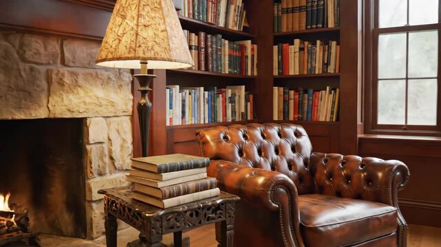 Grand Library Interior with Tall Bookshelves and Warm Lighting.