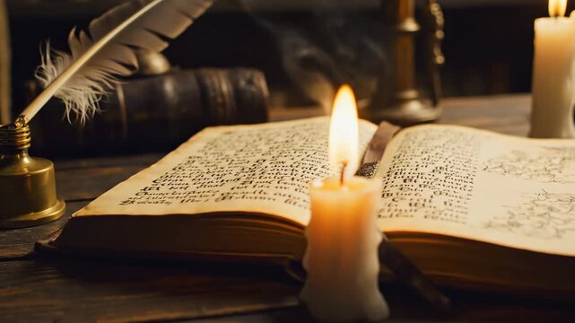 Ancient book illuminated by candlelight with quill and inkwell.