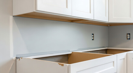 Fototapeta premium Closeup of empty kitchen drawers under white cabinets being renovated or installed