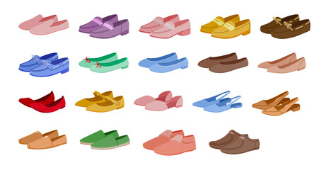 Color flat shoes pair set. Trendy slingback flats, bright ballerina, Mary Jane, espadrille, loafer, moccasin, mule. Vibrant fashion footwear chart, flat vector illustration for lookbook and web design