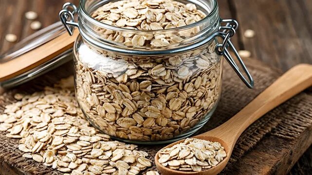 Oat flakes in glass jar with wooden spoon and scattered oats on a rustic board for healthy breakfast or baking preparation.