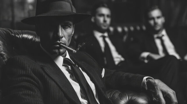 Vintage gangster smoking cigar in leather armchair with associates in background
