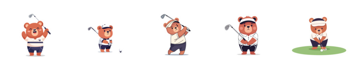 Funny Bear Golf Characters Flat Design Sport Player Vector Collection