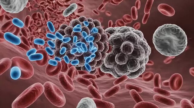 Microscopic view of bacteria and red blood cells in the bloodstream.