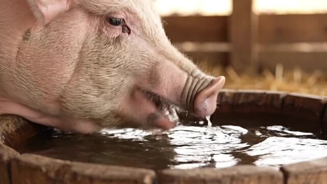 Pig Drinking Water from Trough Close Up Farm Animal