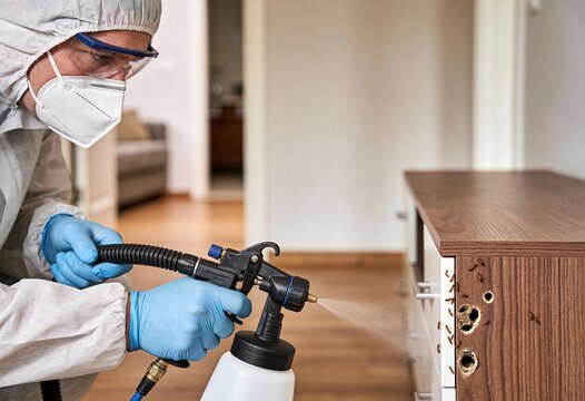 Pest control worker applying treatment to wooden furniture, fighting a termite infestation, professional disinfection service, indoor setting.