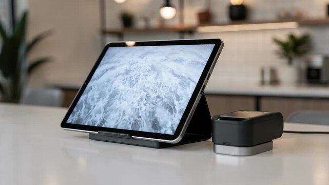 Close medium view of modern tabletbased pointofsale equipment on a minimalist counter emphasizing screen and card reader with background decor gently blurred.