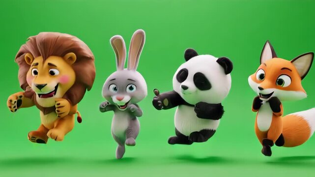 Animated Animals Dancing on Green Background.