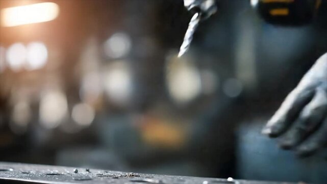 Man using a cordless drill to bore a hole in metal plate, creating sparks in an industrial workshop environment