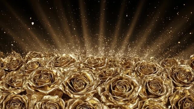 Golden Roses with Light Rays and Sparkles.