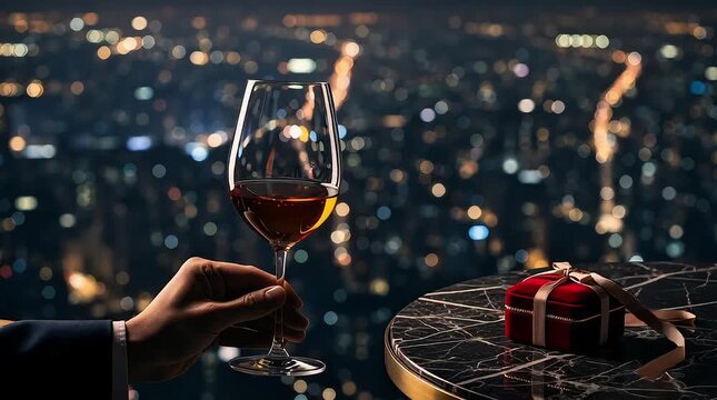 Elegant hand holding a crystal wine glass with amber liquid celebrates a romantic evening overlooking a dazzling city skyline at night.