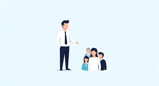 Leadership and Guidance: A composed leader gestures towards a supportive group, symbolizing direction and support. Emphasizing a positive approach to guidance.