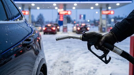 Fueling Up in Winter: A close-up captures a person's gloved hand holding a fuel pump nozzle, refueling a vehicle at a gas station amidst a snowy winter scene.