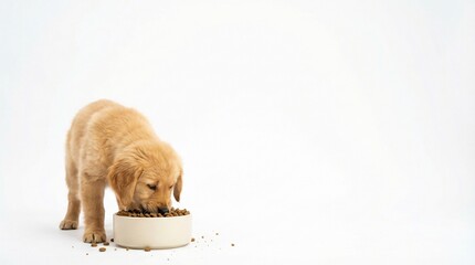Golden Puppy's Mealtime: A charming golden retriever puppy intently enjoys its meal from a ceramic bowl, capturing a moment of pure canine contentment. 