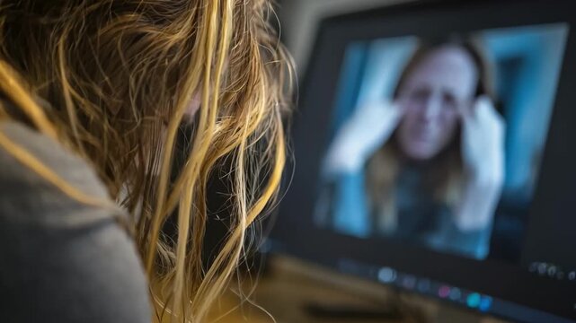 Medium closeup of a participant expressing condolences during a video call connected remotely to a funeral showing emotional support through the screen.