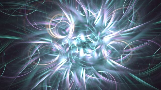 Blue, white, violet fluids, vibes revolving on dark. Abstract background symbolizing snowstorm, blizzard, snow blast, ice tracery motion. Cold glowing particles mixing and rotation. 4K UHD 4096x2304