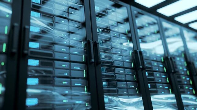 Server room data center with data streams, network infrastructure, and technology concept.