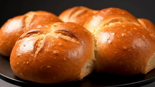 Close-up macro view of several freshly baked golden Kaiser rolls or star-cut bread buns, showcasing the shiny, rustic crust against a dark background in a dramatic studio setting.