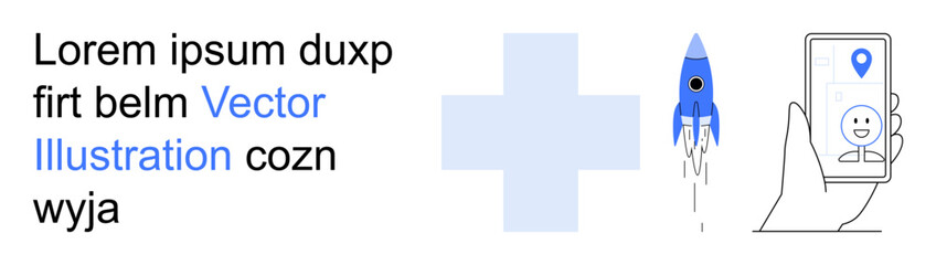 Fototapeta premium Digital healthcare, innovation, technology, mobile services, virtual interaction, app development. Minimal design a rocket, cross symbol and mobile device with map and face. Digital healthcare