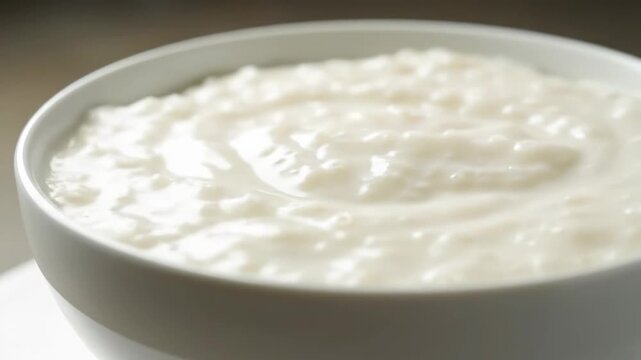 Close-up of thick, creamy white strained Greek yogurt or rice pudding served in a ceramic bowl, emphasizing fresh texture and high protein density.