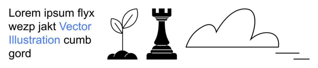 Nature, strategy, simplicity, growth, weather, minimalism. Three black icons of a sprouting plant, a chess rook and a cloud. Nature and strategy concepts in minimalist design © robu_s