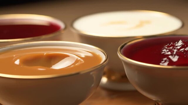 Assortment of rich dessert sauces and creamy puddings showcased in elegant gold-rimmed porcelain cups, featuring caramel, cream, and red berry flavors.