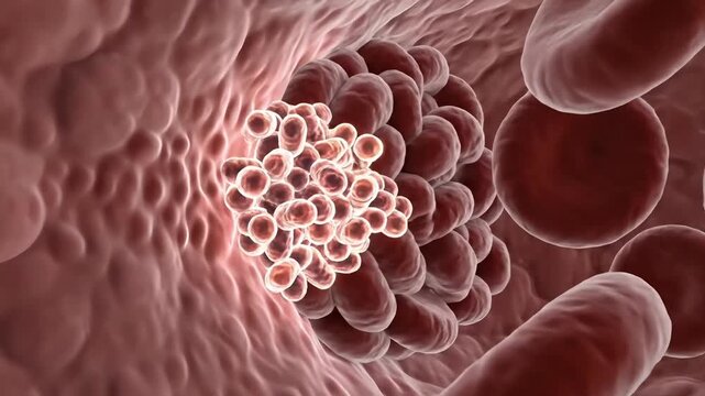 Microscopic view of blood cells and a forming blood clot inside a vein.