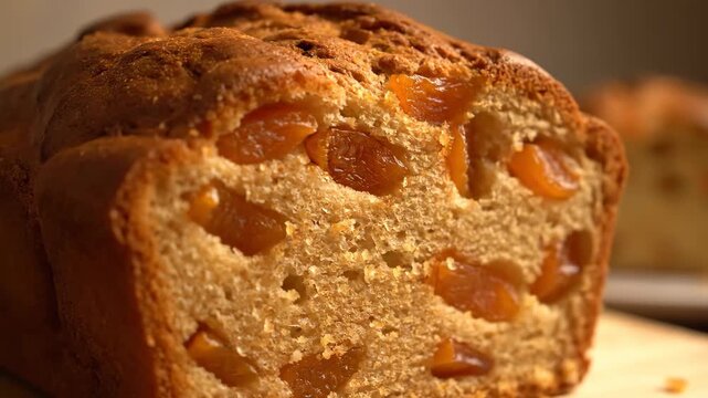 Macro close-up of delicious freshly baked golden brown fruit bread or cake loaf, showcasing the moist texture and chunks of embedded dried apricots or other fruit pieces.