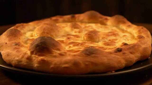 Authentic Georgian Imeruli Khachapuri Hot Cheese Bread Served on a Plate. Traditional Eastern European Comfort Food Ready to Eat.