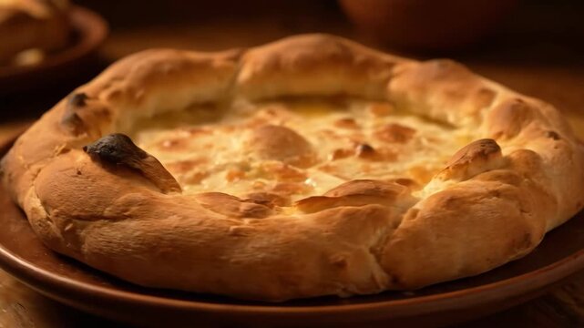 Close-up of freshly baked Imeruli Khachapuri, traditional Georgian cheese bread, served hot on a rustic earthenware plate on a wooden surface.