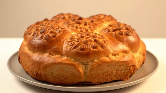 Traditional Homemade Celebratory Bread Loaf (Pogača or Kolach) with Decorative Ornament Baked Crust Served on a Plate.