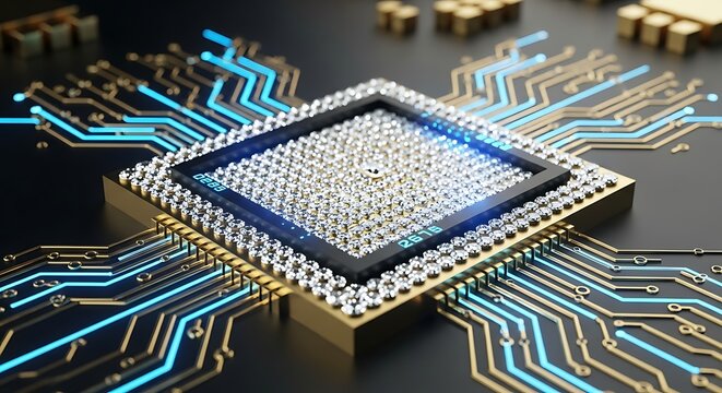 Close-up view of a central processing unit (CPU) microchip with intricate circuit board pathways glowing with blue light, symbolizing advanced technology and data processing