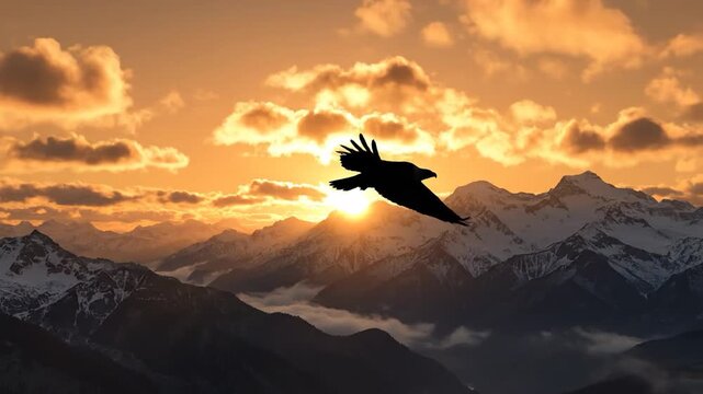 Silhouette of a soaring bird against a vibrant sunset over a majestic mountain range