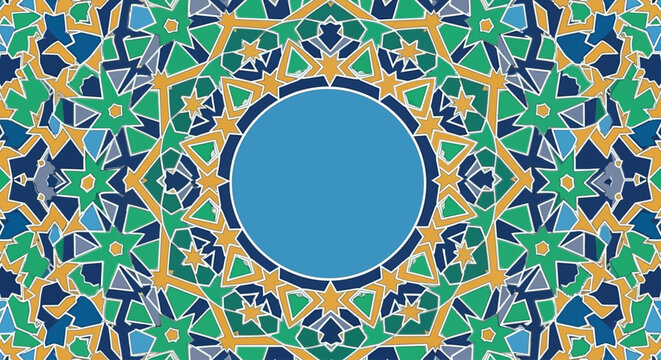 Intricate geometric pattern featuring floral designs surrounding a central blue circle, symmetrical composition, vibrant colors, digital illustration, ornate style
