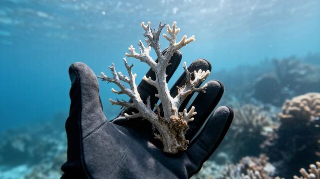 Underwater shot of a gloved hand holding a piece of bleached coral against a backdrop of a healthy reef and blue ocean.