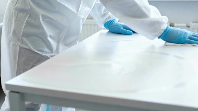 Person in PPE suit and blue gloves wiping and sanitizing a white table surface with a cloth.