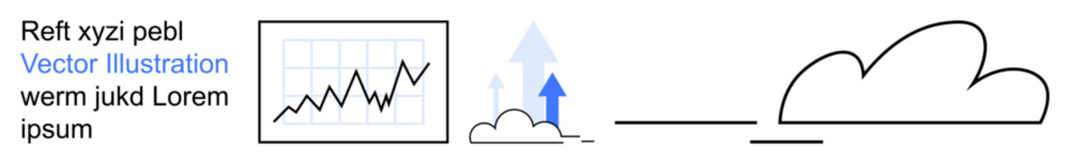 Business strategy, data analysis, growth projection, cloud computing, success planning, innovation. Features a growth chart with arrows and a cloud. Business strategy and data analysis concept