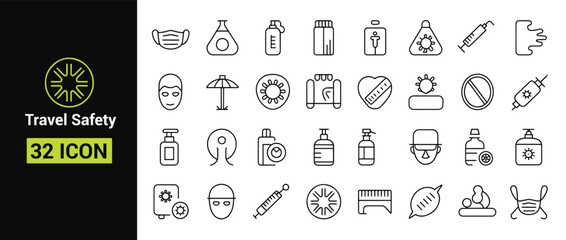 Travel safety icon set, including mask, syringe, sanitizer, and sun protection