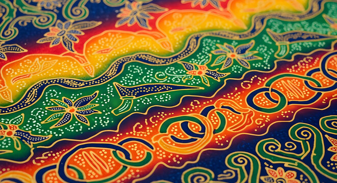Intricate Textile Art: A vibrant close-up of a textile piece, showcasing a complex arrangement of organic forms and vivid hues.