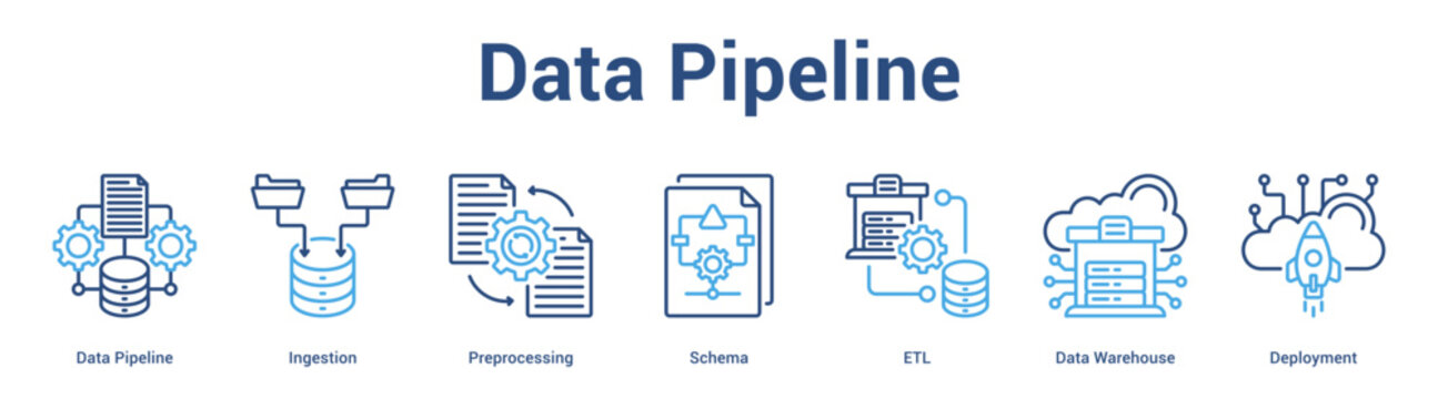 Data Pipeline web banner icon set vector illustration concept for business with icon of Data Pipeline, Ingestion, Preprocessing, Schema, ETL, D.