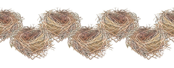 Watercolor seamless border with Easter nest on white background. Bird house made of twigs and branches. Spring or summer rim for sticker or celebration card. Mother's day. Wallpaper or wrapping