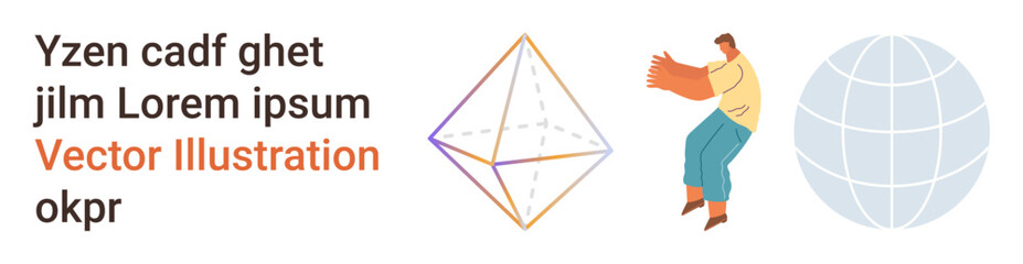 Education, design projects, global communication, creativity, modern art, abstract concepts. Abstract geometric shape, human figure and transparent globe. Design projects and creativity © robu_s