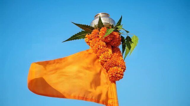 Gudi Padwa Traditional Celebration Symbol Orange Flag Kalash and Flowers