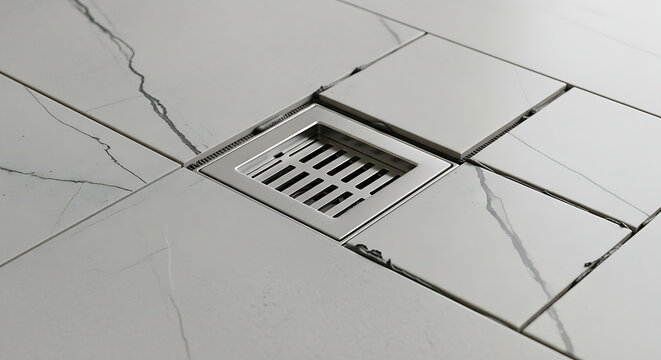 Closeup of a floor drain on a marble tiled floor with a white background