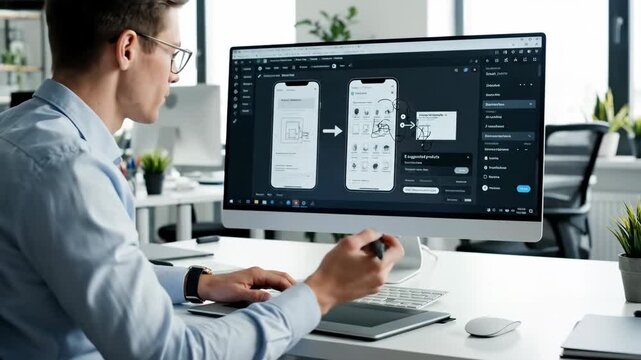 Professional ui ux designer creating mobile application wireframe on computer screen using digital drawing tablet in modern office space