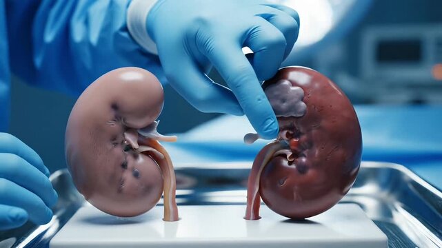 Close-up of two human kidneys on a medical tray during a surgical procedure.