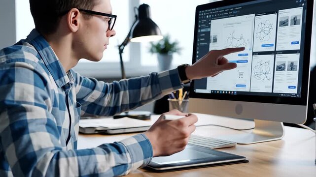 Professional graphic designer working on creative project using digital graphics tablet and computer monitor in modern office setting with precision.
