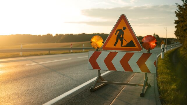 Roadwork sign on highway at sunset with warning lights