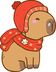 Naklejka premium Kawaii cozy capybara hat and scarf cartoon hand drawn illustration